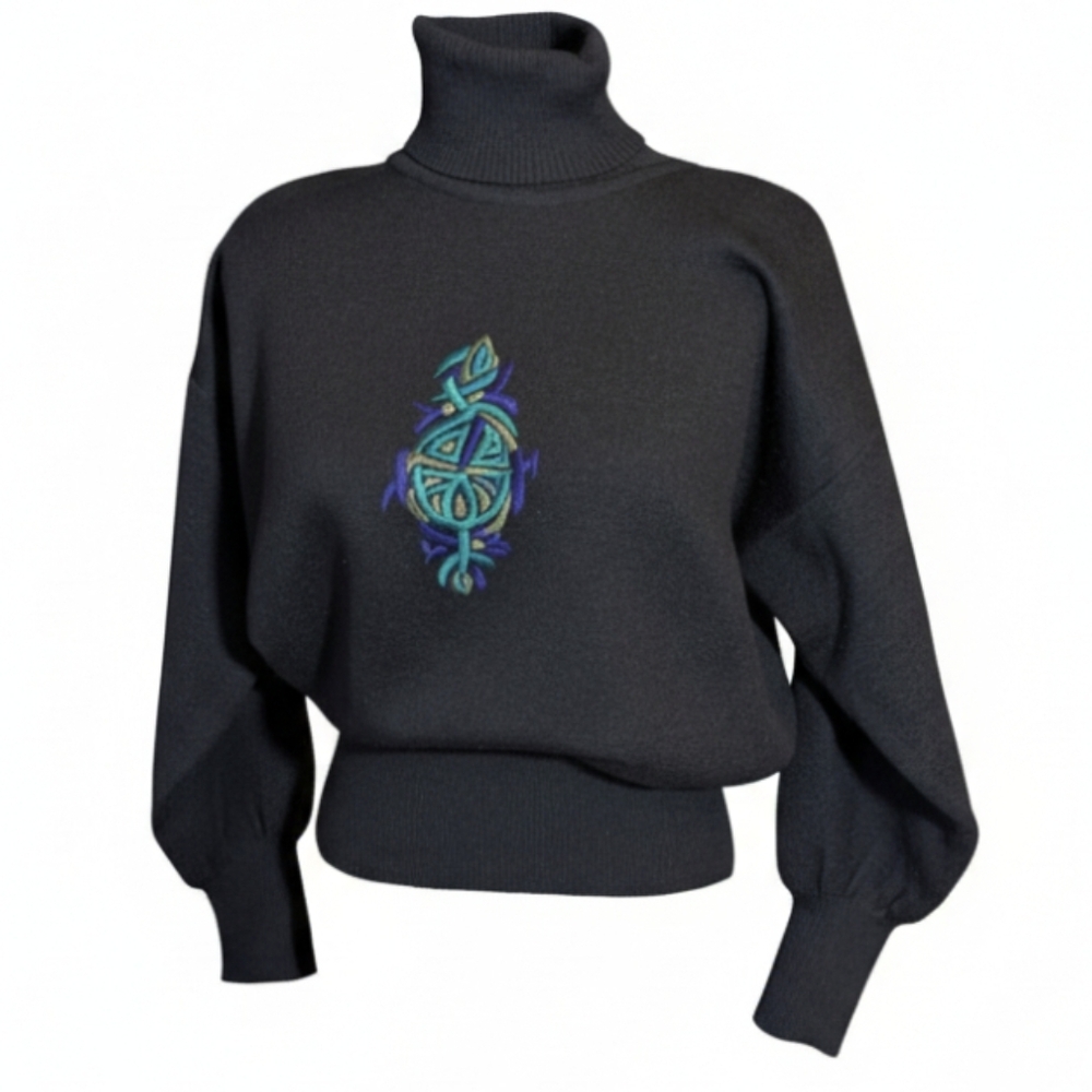 vtg Ski Sweater Black Turtleneck Sweater  Embroidered Design By Tyrolia Sz L